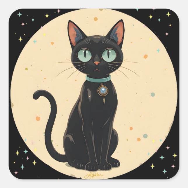 Pegatina Cuadrada Luna de gato negro futurista atómico (Anverso)