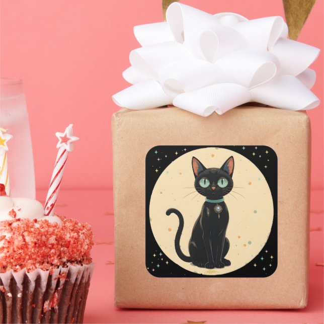 Pegatina Cuadrada Luna de gato negro futurista atómico (Fiesta)