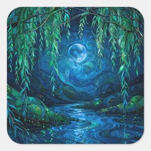 Pegatina Cuadrada Luna de Sauce Sauce Fluyendo Río Verde Azul Noche