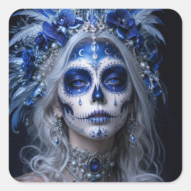 Pegatina Cuadrada Luna de zafiro Calavera – Celestial Azul  (Anverso)