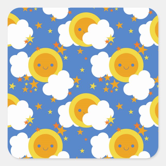 Pegatina Cuadrada Luna Kawaii Caída, Estrellas, Sol (Anverso)