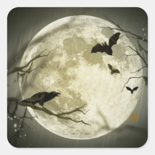 Pegatina Cuadrada Luna llena con murciélagos y Raven