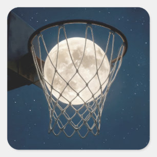 Pegatina Cuadrada Luna Llena En una Red de Baloncesto