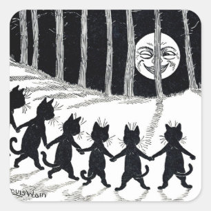 Pegatina Cuadrada Luna Llena y gatos, Louis Wain