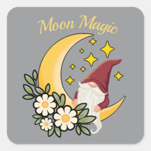 Pegatina Cuadrada Luna Mágica Gnomo Adorable en Ilustración Floral d