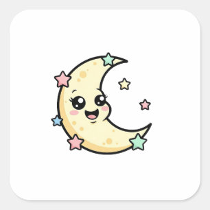 Pegatina Cuadrada Luna sonriente – Ilustración Kawaii Adorable