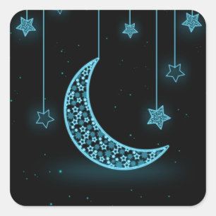 Pegatina Cuadrada Luna y estrellas de la Media Luna Azul y Negro