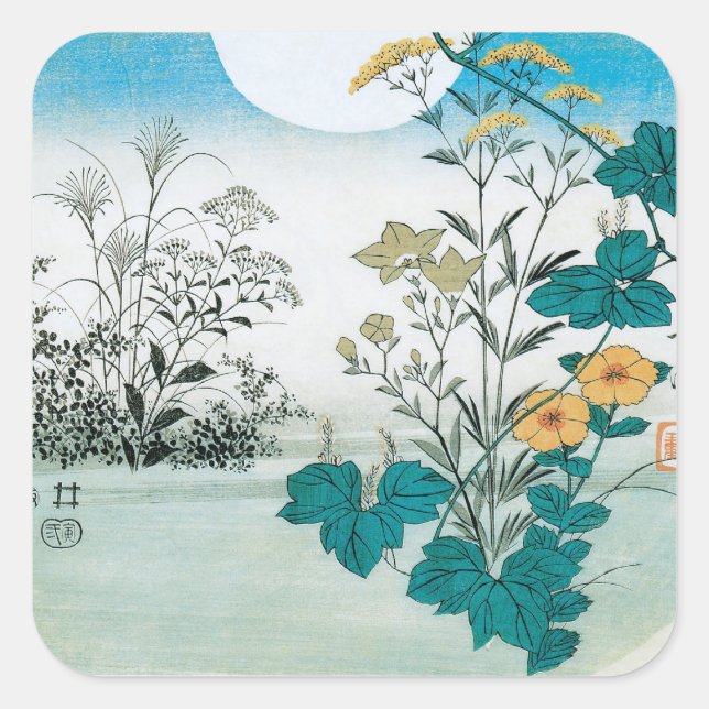 Pegatina Cuadrada Luna y flores (Anverso)