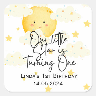 Pegatina Cuadrada Lunes y Estrellas Primer Cumpleaños Gracias