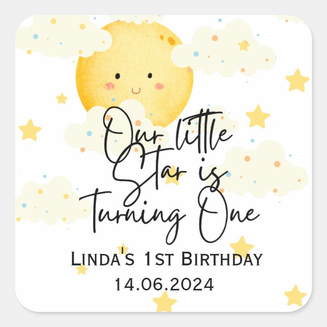 Pegatina Cuadrada Lunes y Estrellas Primer Cumpleaños Gracias (Anverso)