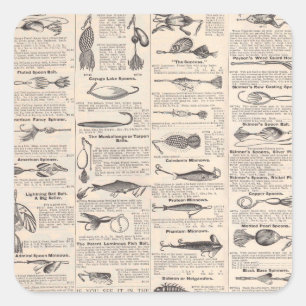 Pegatina Cuadrada Lures de la pesca de vintage: pescador de la época