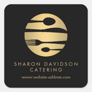 Pegatina Cuadrada Luxe Gold Catering Logo Restaurante, Comida Negra