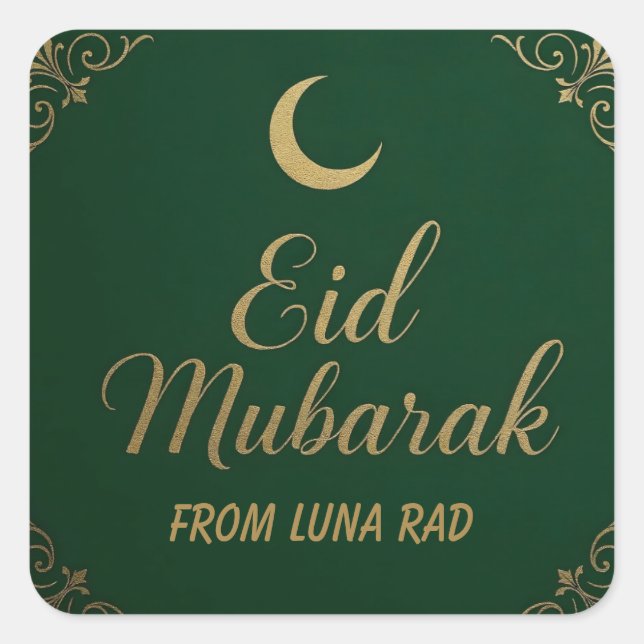 Pegatina Cuadrada Luxury Elegant Eid Mubarak Greeting in Green (Anverso)