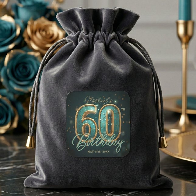Pegatina Cuadrada Luxury Glam Teal and Gold 60th Birthday Party (Subido por el creador)