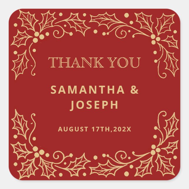Pegatina Cuadrada Luxury Red & Antique-Gold Wedding (Anverso)