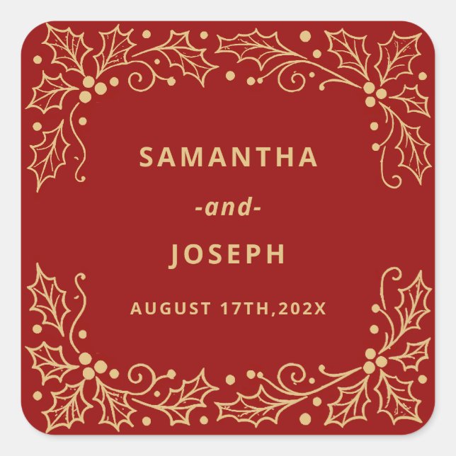 Pegatina Cuadrada Luxury Red & Antique-Gold Wedding Candle Label (Anverso)
