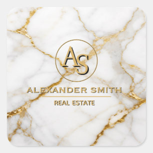 Pegatina Cuadrada Luxury White Marble Gold Monogram Real Estate 
