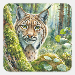 Pegatina Cuadrada Lynx en la selva verde exuberante