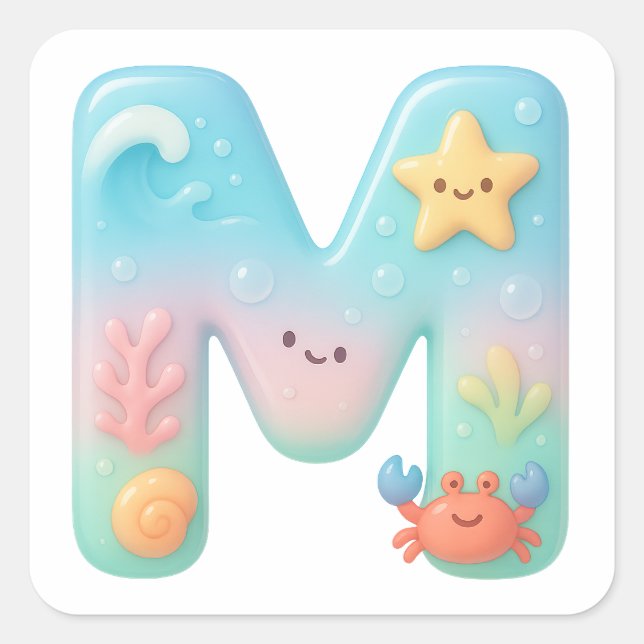 Pegatina Cuadrada "M" Cute Letter - Underwater Sea Creature (Anverso)