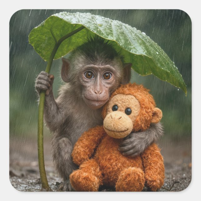 Pegatina Cuadrada Macaque Monkey with Orange Orangutan (Anverso)