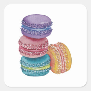 Pegatina Cuadrada Macarones De Arcoiris Cuidados En Acuarela