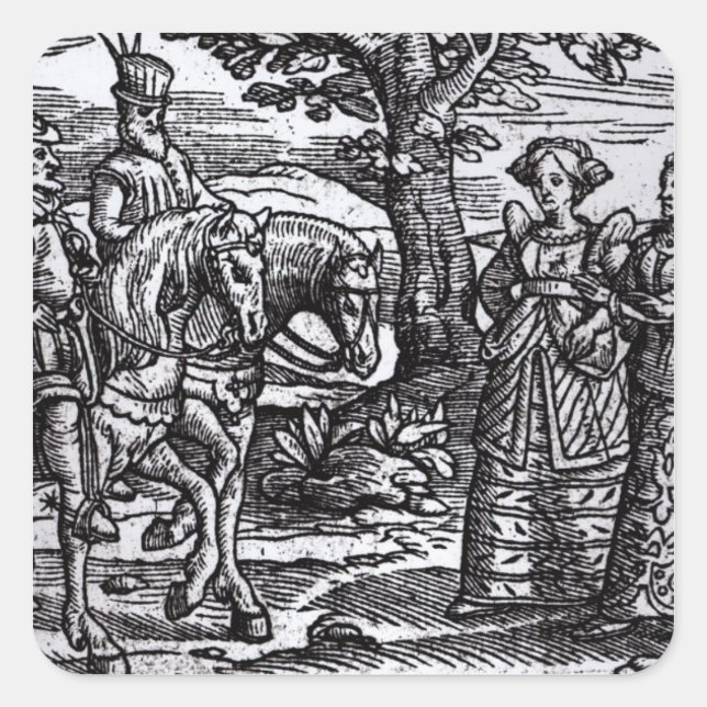 Pegatina Cuadrada Macbeth, Banquo y las tres brujas (Anverso)
