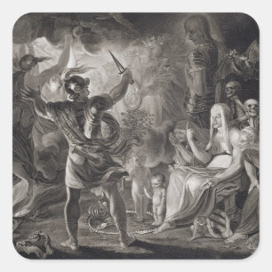 Pegatina Cuadrada Macbeth, las tres brujas y Hecate en el acto IV, S