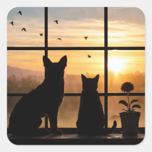 Pegatina Cuadrada Maceta de ventana de gato y perro lindo