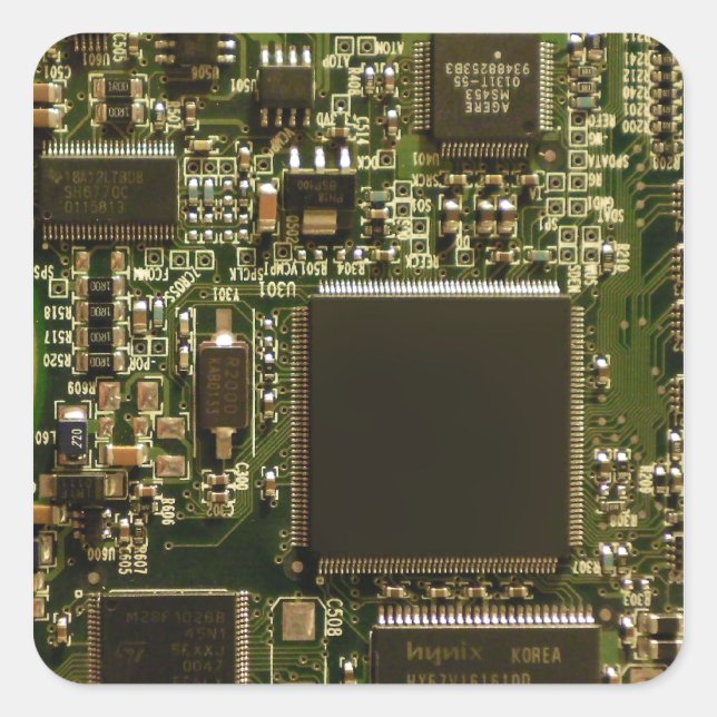 Pegatina Cuadrada Macro Placa de Circuito Verde | Foto de PCB (Anverso)