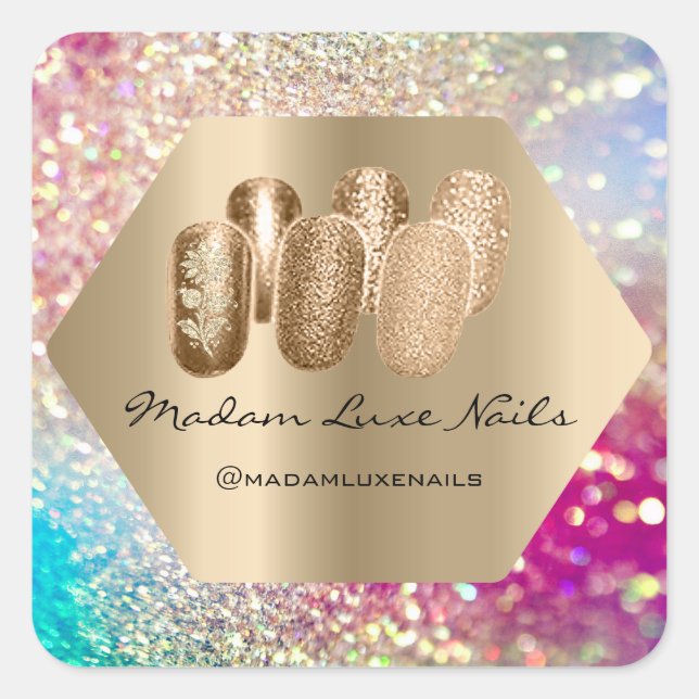 Pegatina Cuadrada Madam Luxe Nail Purpurina Rosa Holograph Glam (Anverso)