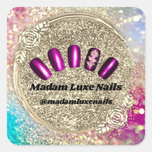 Pegatina Cuadrada Madam Luxe Nail Purpurina Rosa Oro Floral Rosa