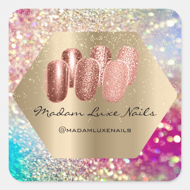 Pegatina Cuadrada Madam Luxe Nails Purpurina Gold Rosa Holographic (Anverso)