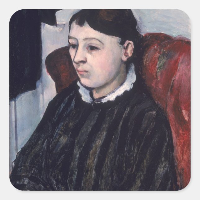 Pegatina Cuadrada Madame Cezanne, c.1883-85 (aceite sobre lienzo) (Anverso)