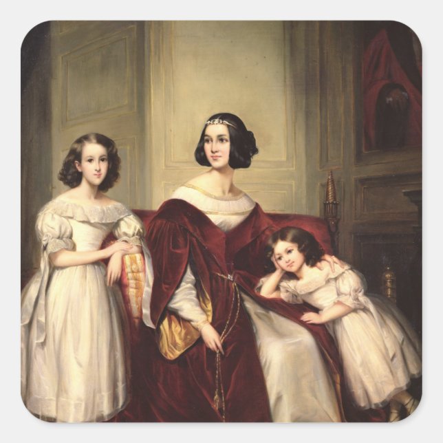 Pegatina Cuadrada Madame de Nonjon y sus dos hijas, 1839 (Anverso)