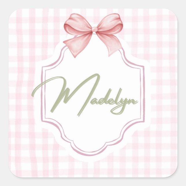Pegatina Cuadrada Madeline Personalizada Niña Bebé BowGingham (Anverso)