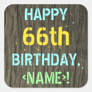 Pegatina Cuadrada Madera falsa, aspecto de texto pintado, cumpleaños