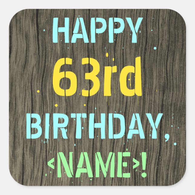 Pegatina Cuadrada Madera falsa, aspecto de texto pintado, cumpleaños (Anverso)