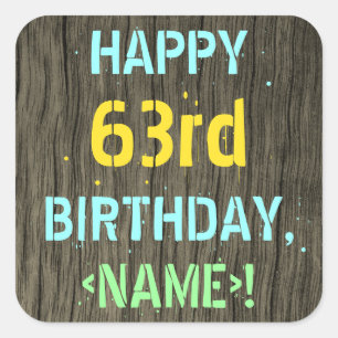 Pegatina Cuadrada Madera falsa, aspecto de texto pintado, cumpleaños