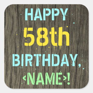 Pegatina Cuadrada Madera falsa, aspecto de texto pintado, cumpleaños