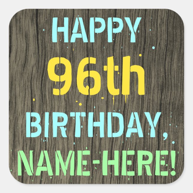 Pegatina Cuadrada Madera falsa, aspecto de texto pintado, cumpleaños (Anverso)