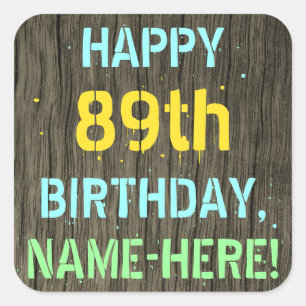 Pegatina Cuadrada Madera falsa, aspecto de texto pintado, cumpleaños