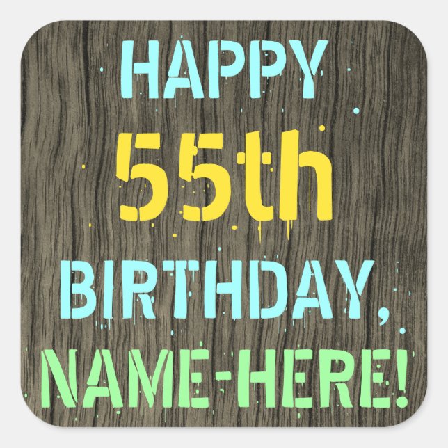 Pegatina Cuadrada Madera falsa, aspecto de texto pintado, cumpleaños (Anverso)