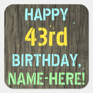 Pegatina Cuadrada Madera falsa, aspecto de texto pintado, cumpleaños