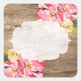 Pegatina Cuadrada Madera Rústica y País de Flores Rosa Hibiscus