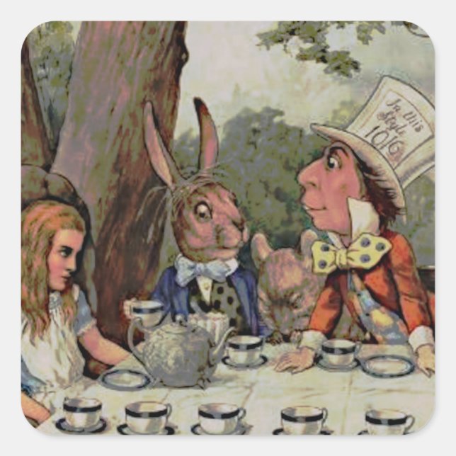 Pegatina Cuadrada MadHatter, Fiesta del té caprichoso (Anverso)