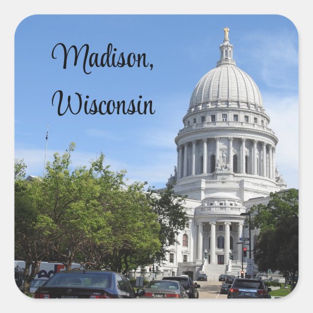 Pegatina Cuadrada Madison, Capitolio Estatal de Wisconsin (Anverso)