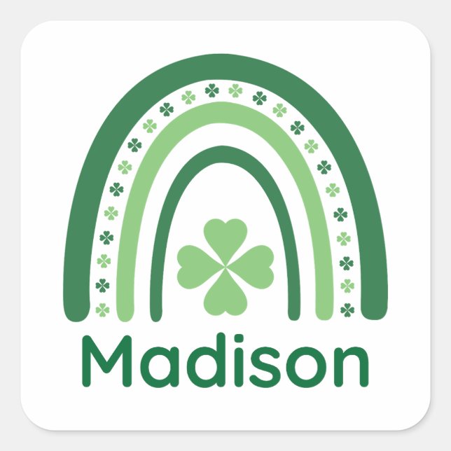 Pegatina Cuadrada Madison Name Clover Boho Rainbow (Anverso)