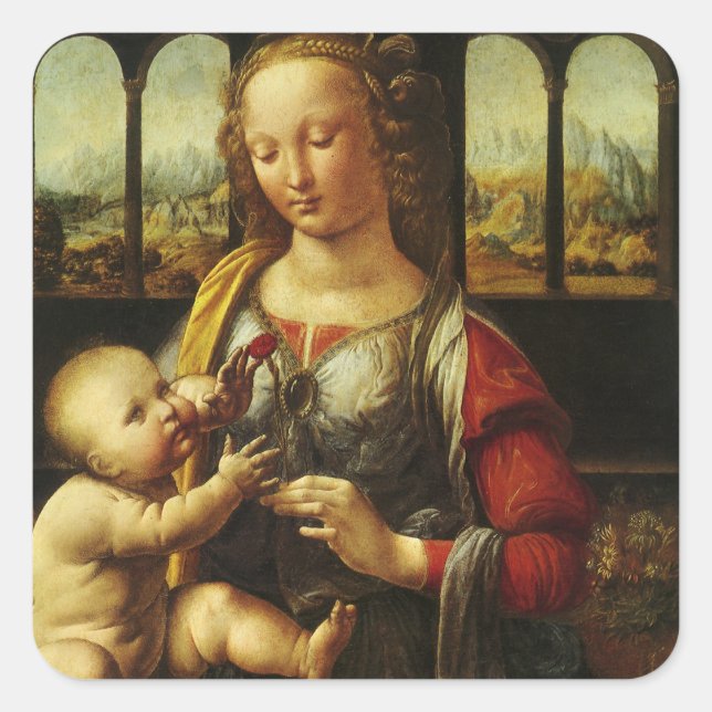 Pegatina Cuadrada Madonna del clavel de Leonardo da Vinci (Anverso)