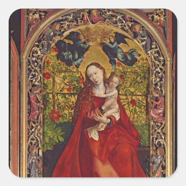 Pegatina Cuadrada Madonna del Rosa Bower, 1473 (Anverso)