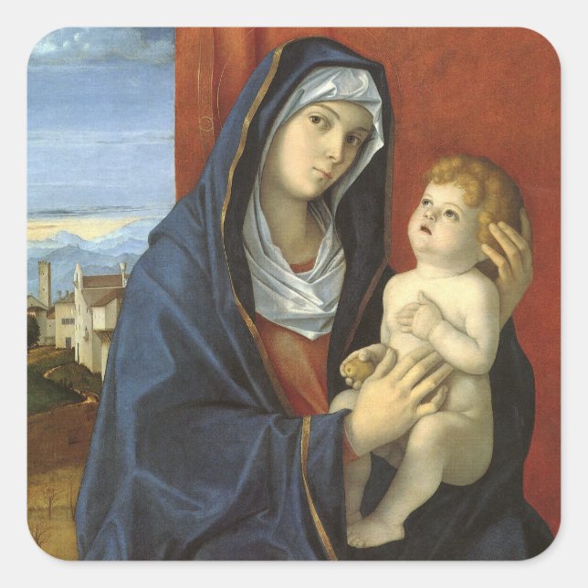 Pegatina Cuadrada Madonna e hijo de Giovanni Bellini (Anverso)